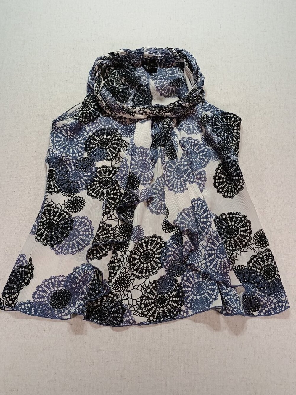 M Milano Romantic Feminine Lace Print Pleated Ruffle Satin Blouse Size M